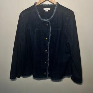 Coldwater Creek Jacket Denim Frayed Edge Hem Trim Blue Jean Gold Button 1X